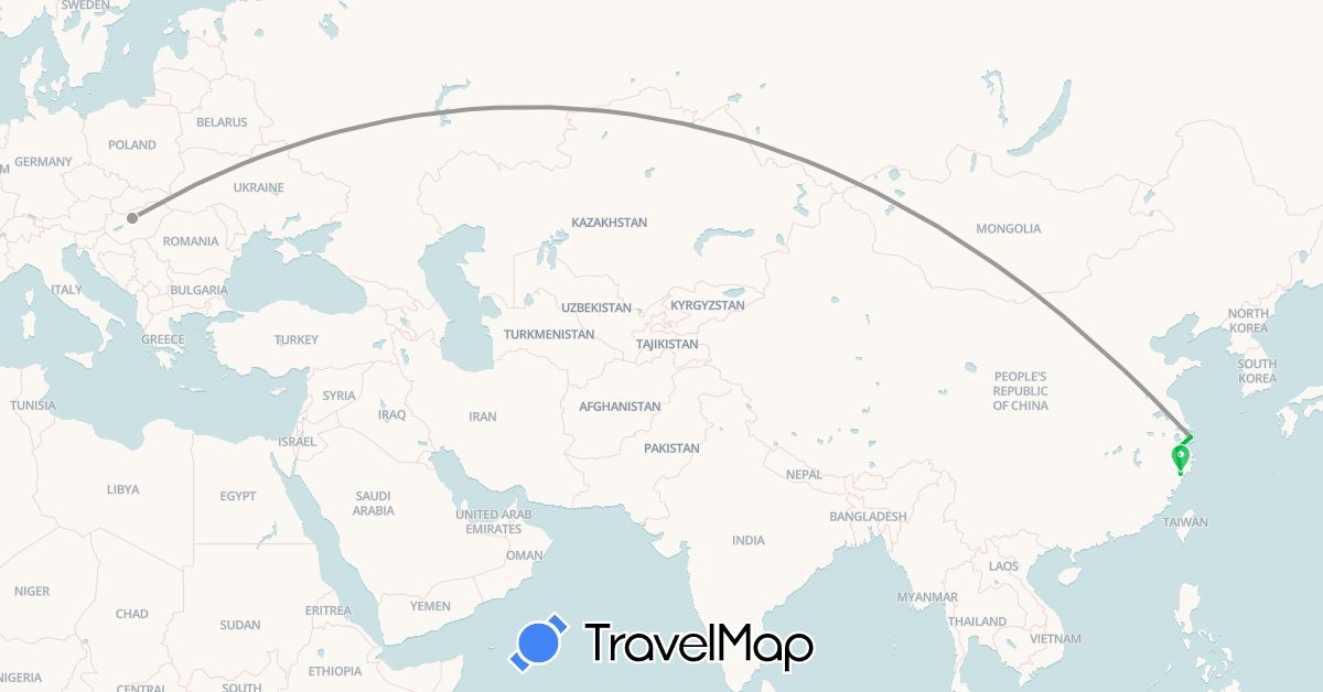 TravelMap itinerary: driving, bus, plane in China, Hungary (Asia, Europe)